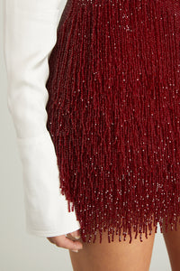 Crimson Crystal Fringe Mini Skirt